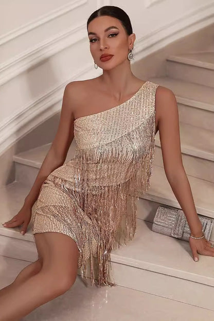Asymmetric Shoulder Sequin Tassel Bodycon Cocktail Dress