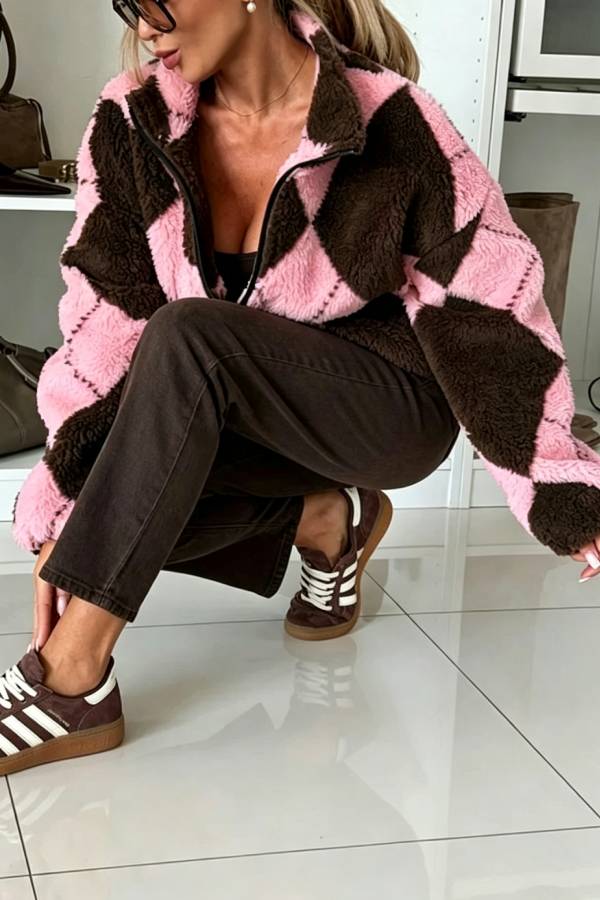 Rhomboid Geometric Pattern Teddy Bear Fleece Material Contrast Color Long Sleeve Pocket Zipper Coat
