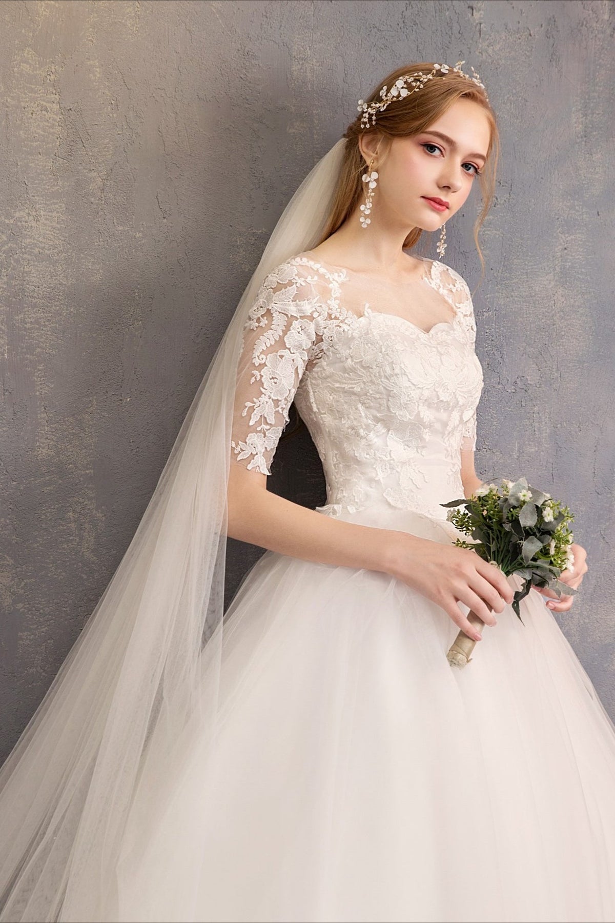 Lace Three Quarter Sleeve Wedding Dress
