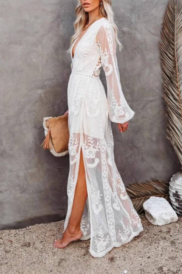 Deep V Lace Embroidered Sheer Maxi Dress