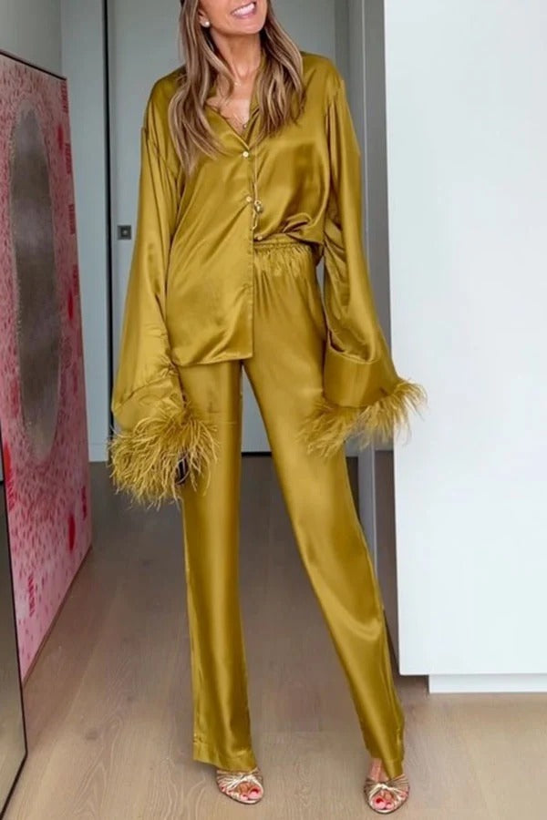 Festive Satin Feather Bell Sleeve Shirt and Elastic Waist Pocket Loose Pants Set