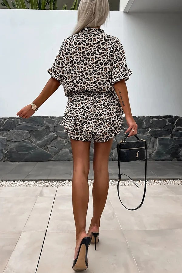 Leopard Print V-neck Short Sleeve Elastic Waist Casual Rompers