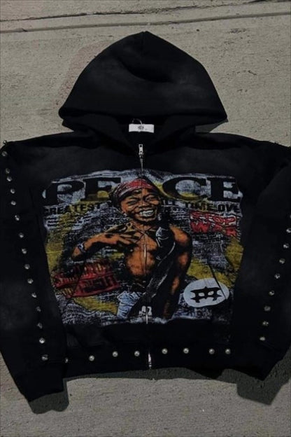 Rhinestone Graphic Zip Up Hoodie