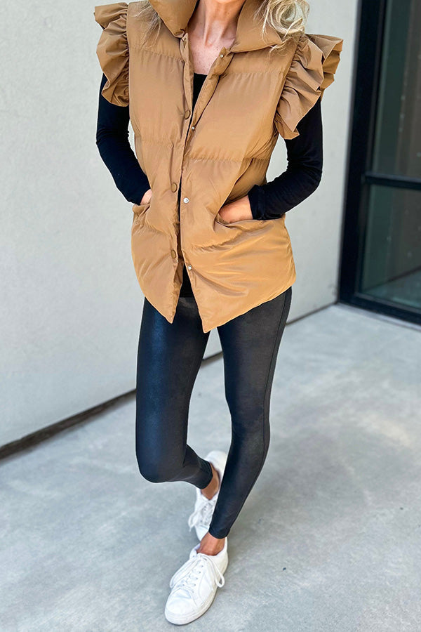 Casual stand-up collar, buttoned double pockets, flying ruffled sleeves vest