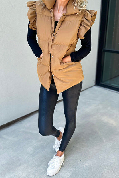 Casual stand-up collar, buttoned double pockets, flying ruffled sleeves vest