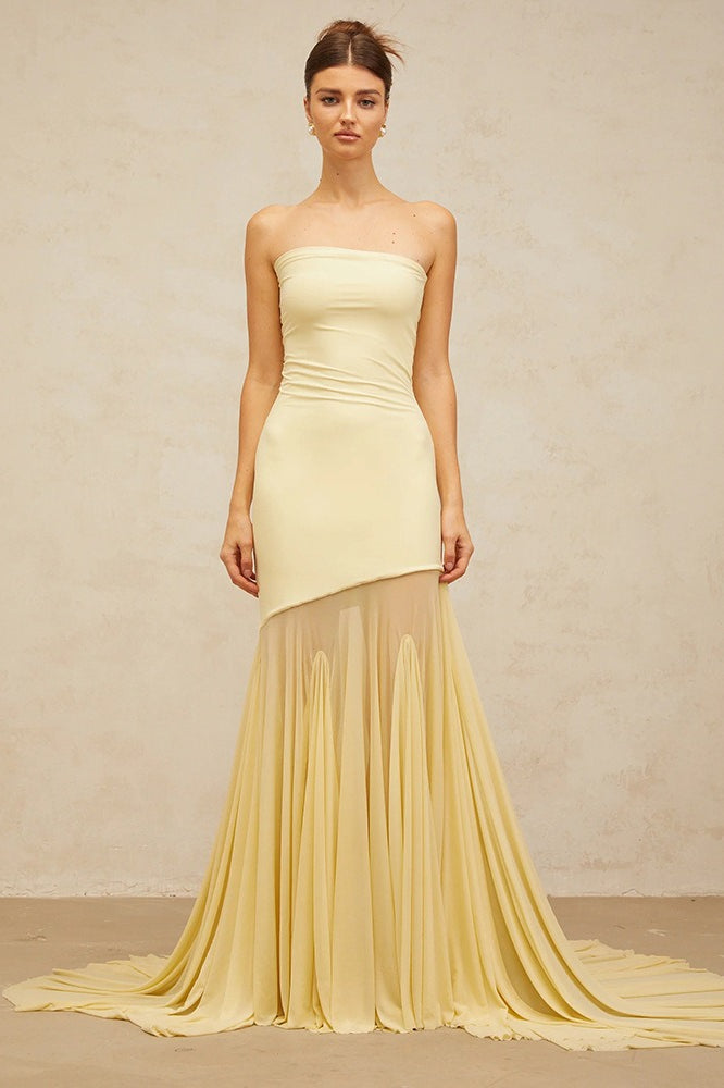 Pale Mesh Panel Strapless Gown Prom Dress