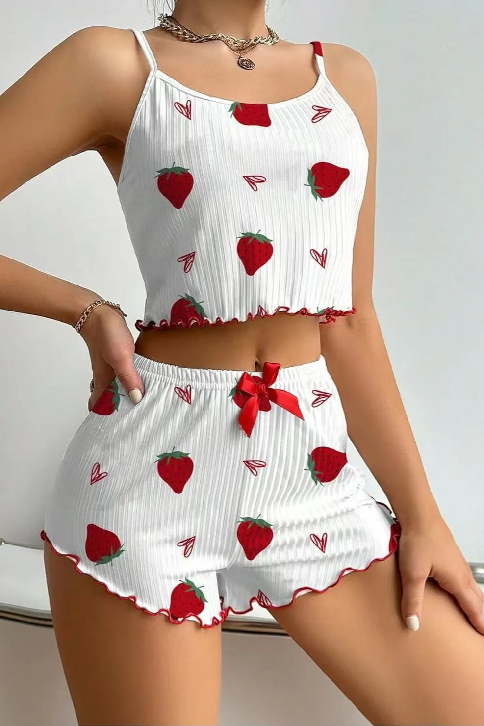 Heart Pattern Ribbed Cami Top Pajama Shorts Set