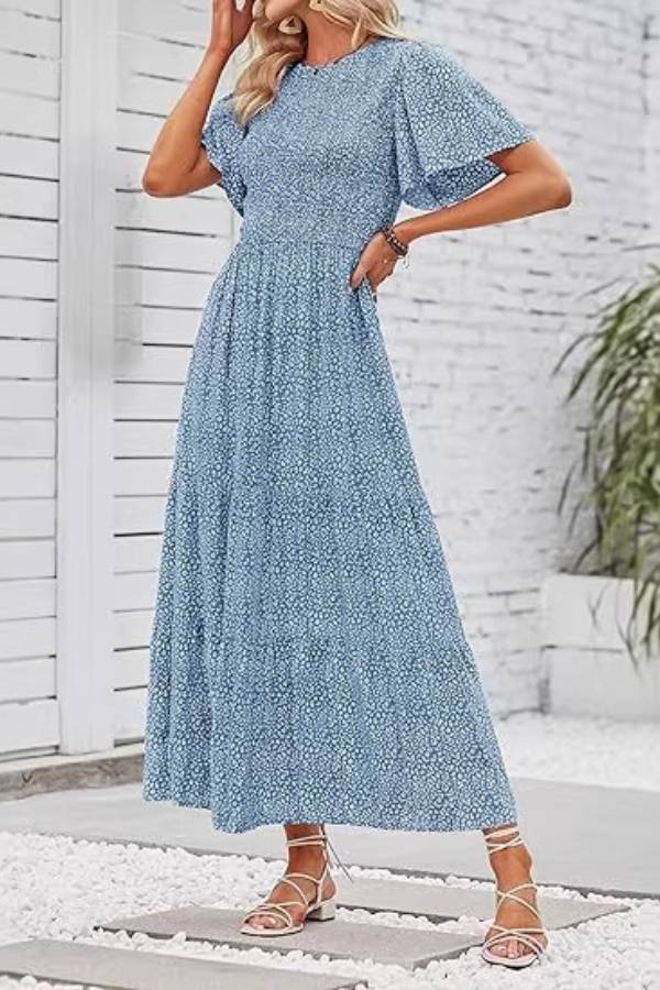 Floral Print Round Neck Short Sleeve Tiered Maxi Dress