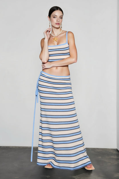 Knit Stripe Crop Camisole High Waist Tie Skirt Vacation Set