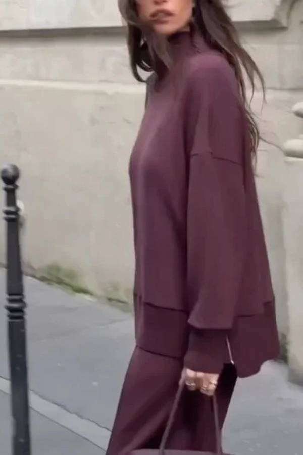Double Soft Turtleneck Side Zipper Sweatshirt and Elastic Waist Pocketed Loose Pants Set