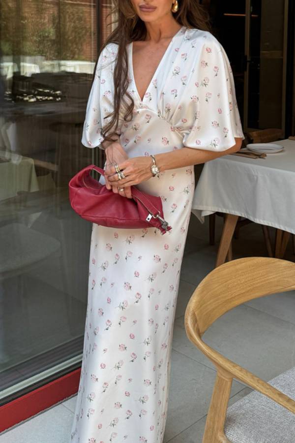 French V-Neck Satin Floral Maxi Dress