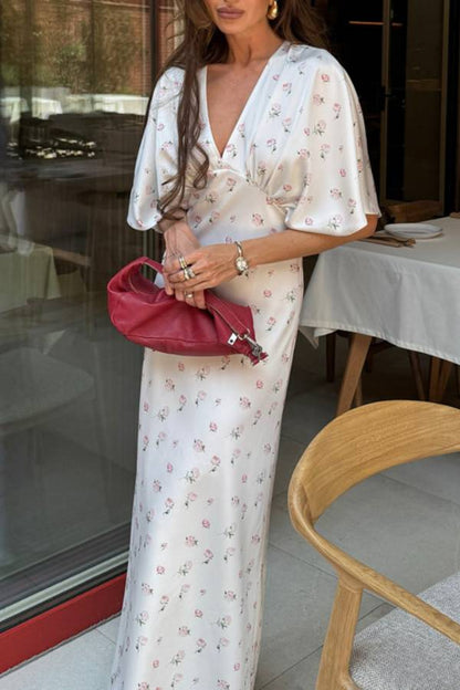 French V-Neck Satin Floral Maxi Dress