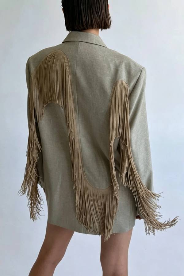 Dynamic and Stylish Heart-shaped Tassel Pattern Trim Long Sleeve Lapel Oversized Blazer Coat