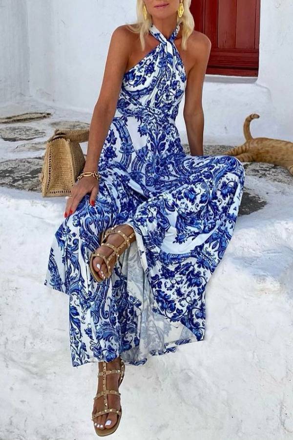 Halter Neck Blue And White Porcelain Print Flare Maxi Dress