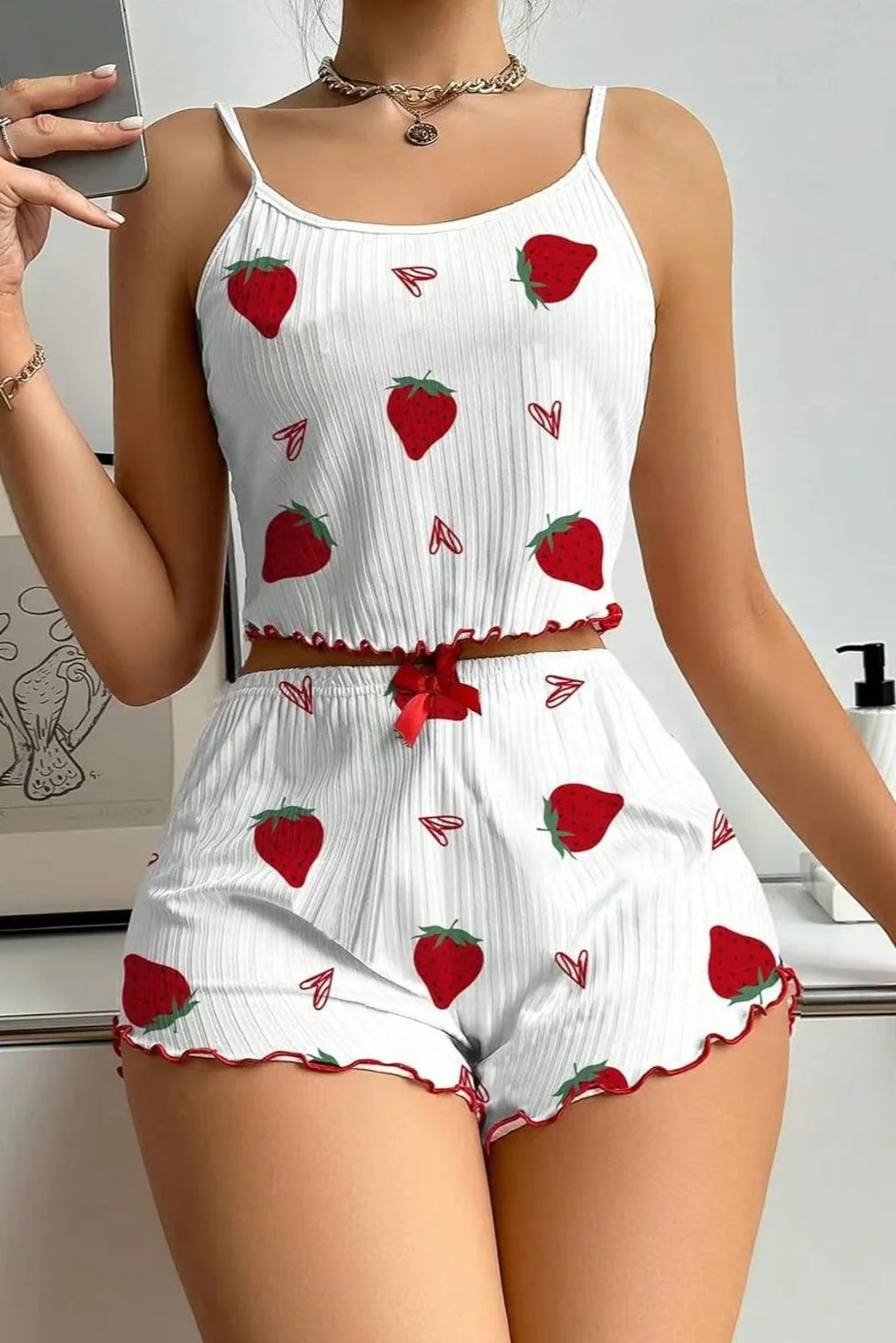 Heart Pattern Ribbed Cami Top Pajama Shorts Set