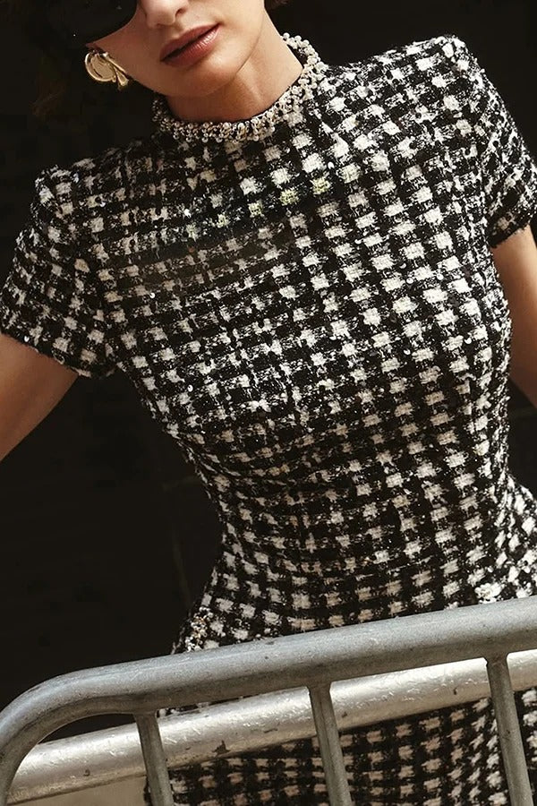 Eve Check Bouclé-tweed Fabric Pearl Trim Short Sleeve Pocketed Mini Dress