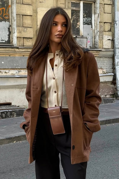 Relaxed Fit Suede Contrast Collar Coat