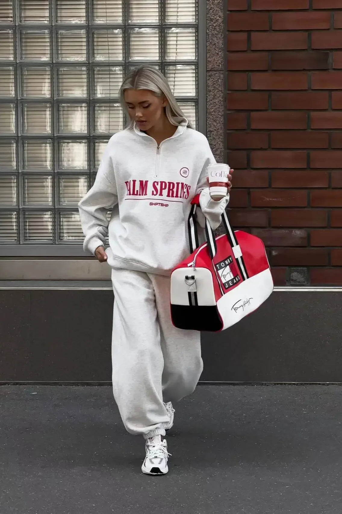 Letter Print Half Zip Hoodie