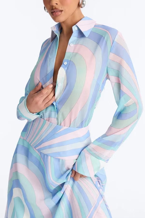 Gianna Chiffon Unique Print Button Long Sleeve Flare Hem Shirt Maxi Dress