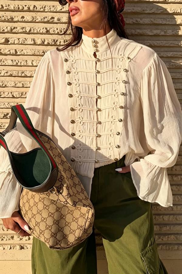 French Romantic Metal Button-down Pleated Ruffle Sleeve Napoleon Shirt