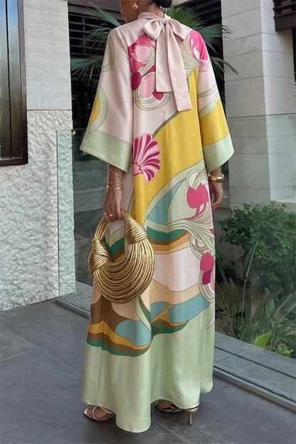 Darla Satin Colorful Baroque Style Printed Tie-up Neck Bell Sleeve Maxi Dress