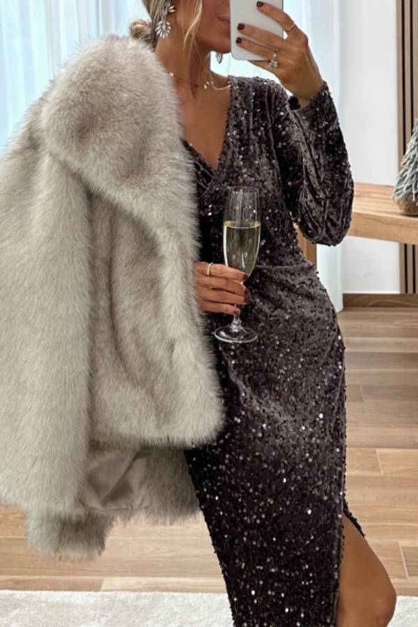 CHOCOLATE SEQUIN MIDI DRESS