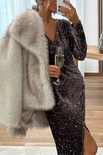 CHOCOLATE SEQUIN MIDI DRESS