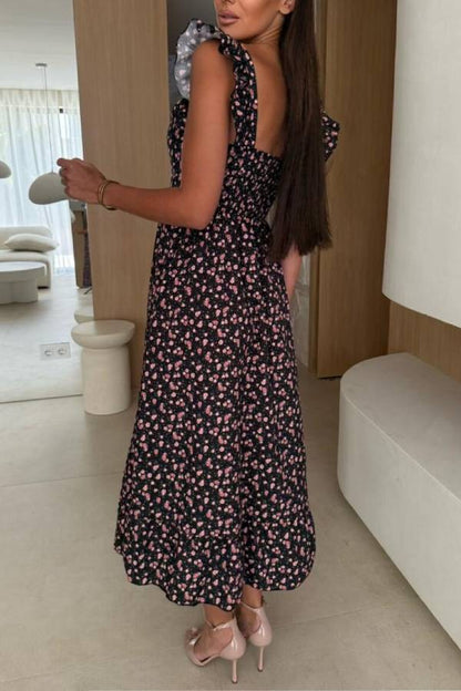 Floral Print Square Neck Pleated Back Midi Dress