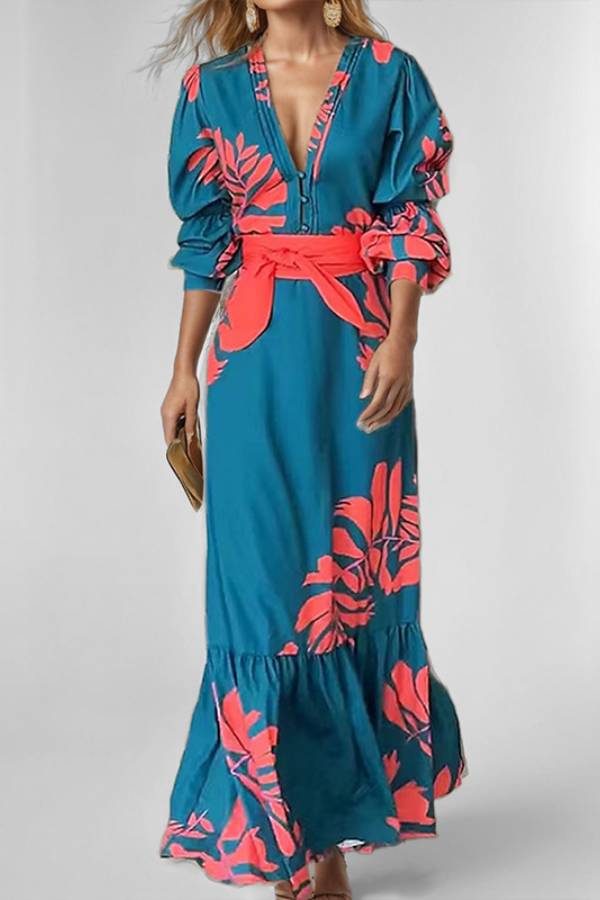 Colorblock Tropical Print V-Neck Puff Sleeve Belted Maxi Dress