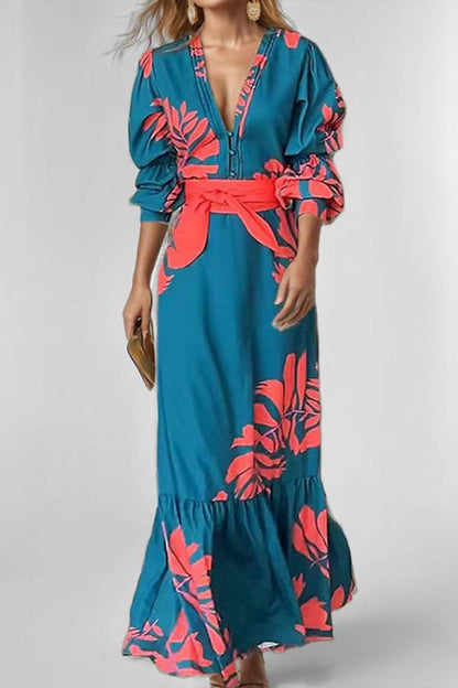 Colorblock Tropical Print V-Neck Puff Sleeve Belted Maxi Dress