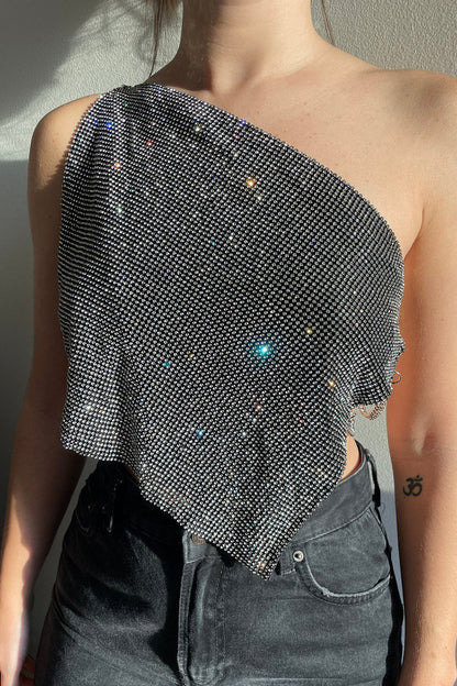Metallic Mesh Rhinestone Off Shoulder Crop Top