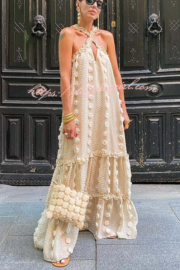 3D Floral Applique Halter Keyhole Tiered Maxi Dress