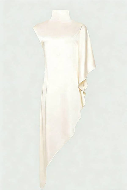 Kallena Satin High Neck Irregular Sleeves Midi Top and High Rise Pocket Loose Pants Set