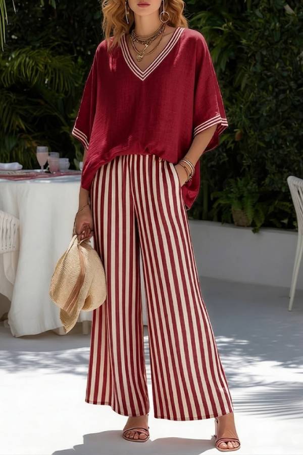 Textured Linen V-Neck Striped Wide-Leg Pants Vacation Set