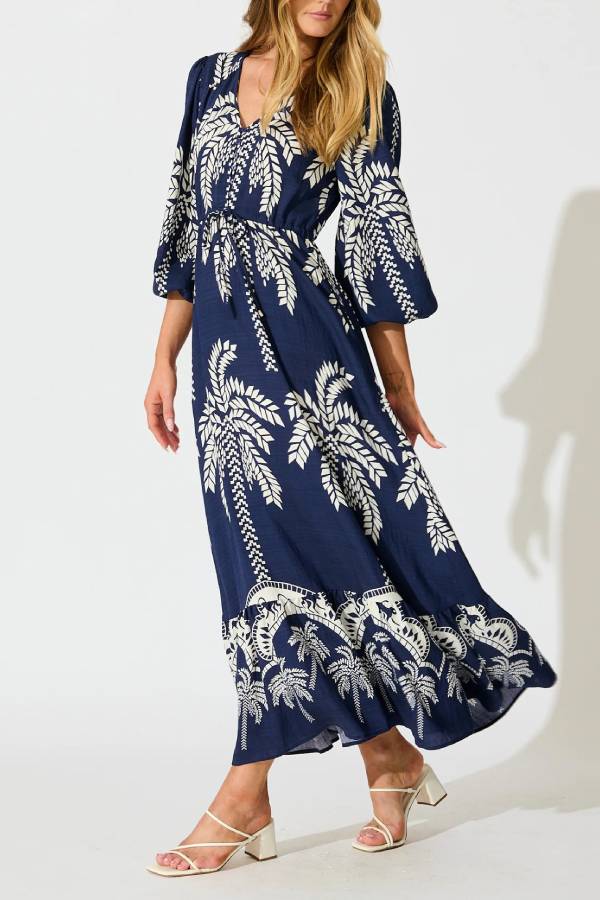 Tropical Palm Print V-Neck Waisted Maxi Dress