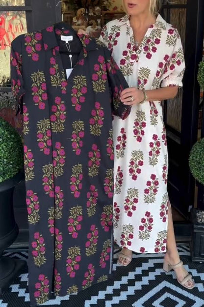 Collared Floral Print Relaxed Slit Shirt Dress