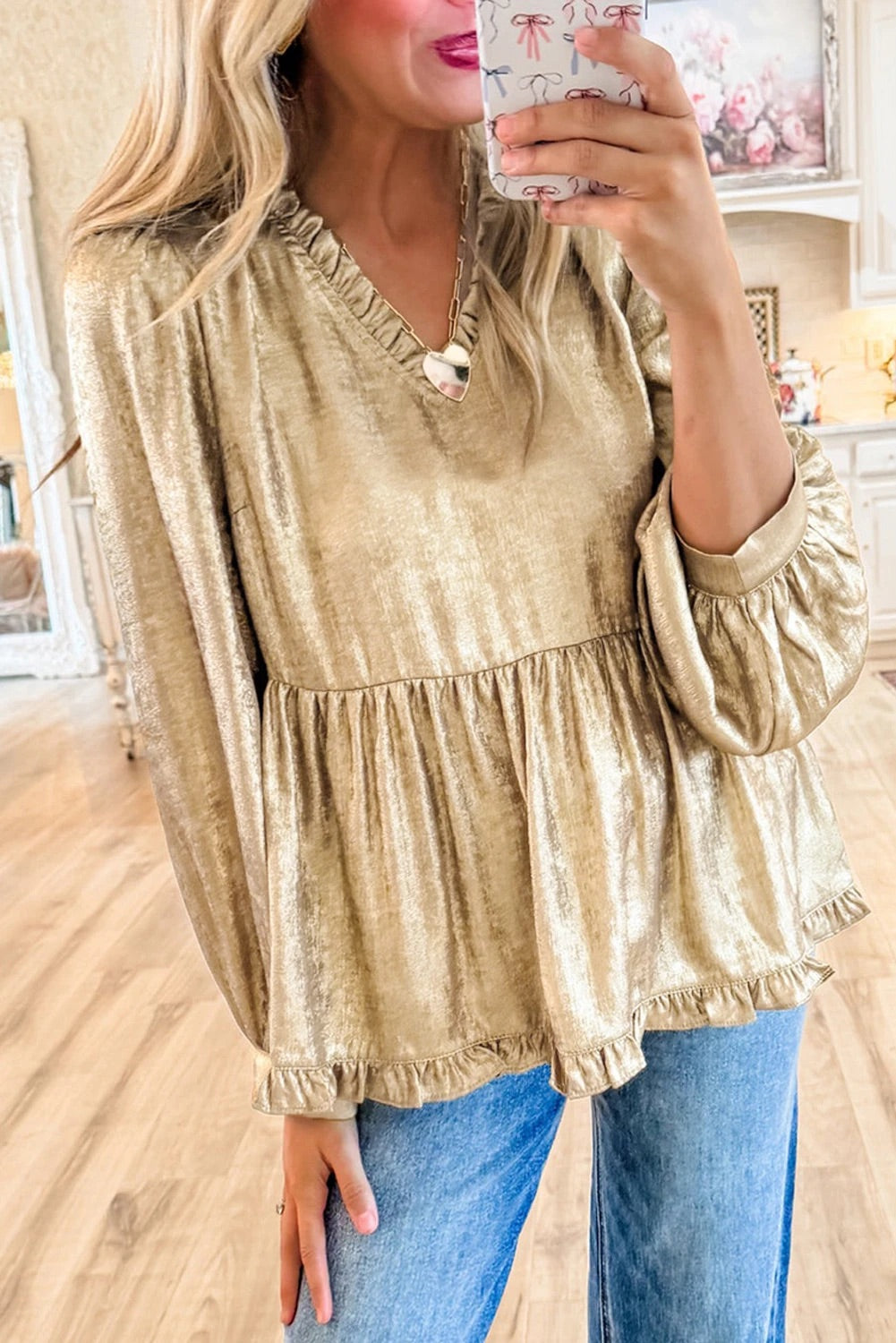 Velvet Frill V Neck Puff Sleeve Babydoll Blouse