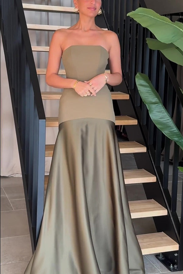 Strapless Satin Sleeveless Paneled Solid Formal Dress