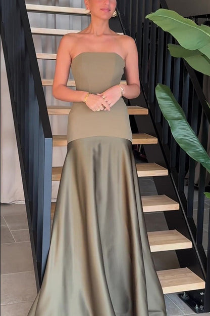 Strapless Satin Sleeveless Paneled Solid Formal Dress