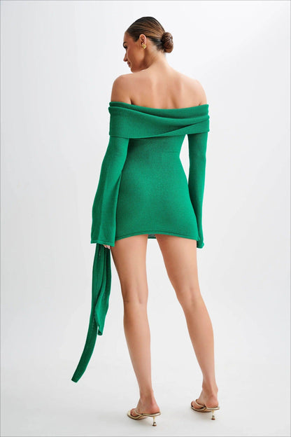 Off Shoulder Tie Knit Sweater Dress
