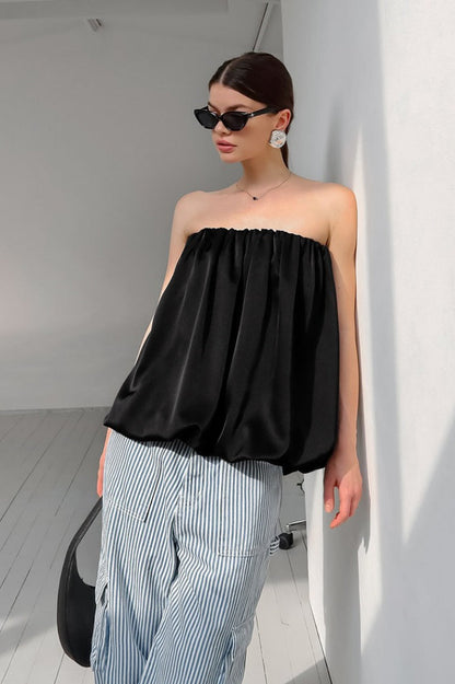 Satin Strapless Puffy Loose Fit Tube Top