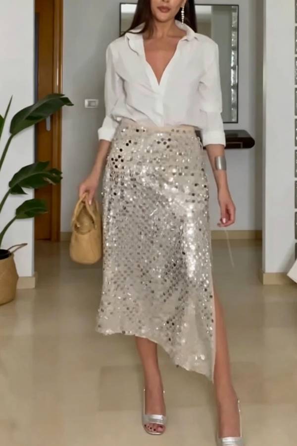 Multiple Ways To Wear Sequin Side Slit Lace-up Irregular Hem Midi Skirt