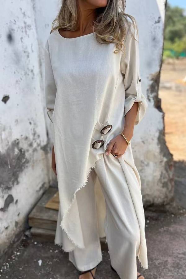 Linen-Style Asymmetrical Long Top + Wide-Leg Pants Set