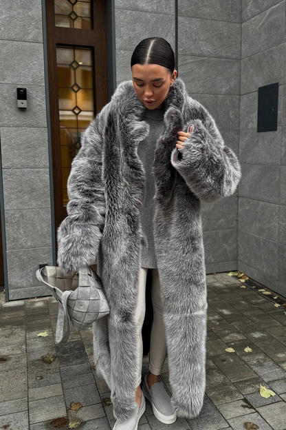 Long Eco Faux Fox Fur Plush Bicolor Overcoat