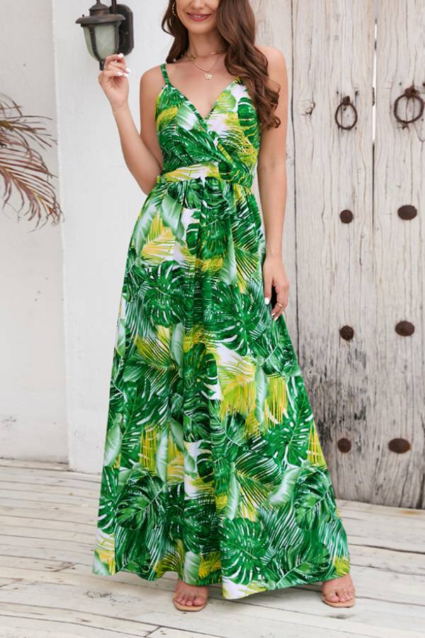 Spaghetti Strap Tropical Print Waist-Cinched Maxi Dress