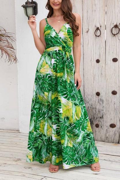 Spaghetti Strap Tropical Print Waist-Cinched Maxi Dress