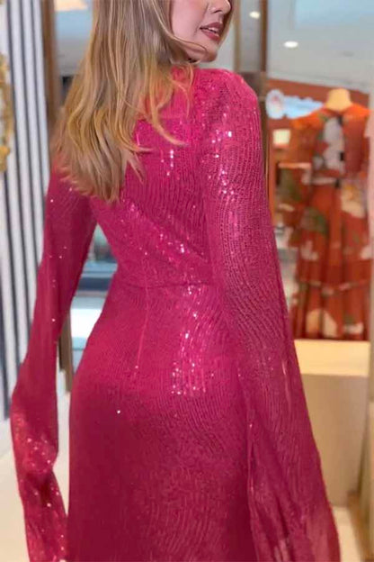 Deep V-Neck Twist Waist Sequin Cape Sleeve Column Maxi Gown