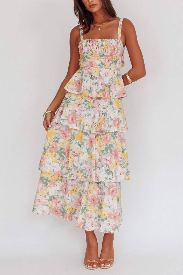 Floral Square Neck Cami Tiered Ruffle Maxi Dress
