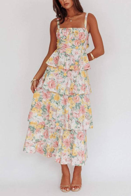Floral Square Neck Cami Tiered Ruffle Maxi Dress