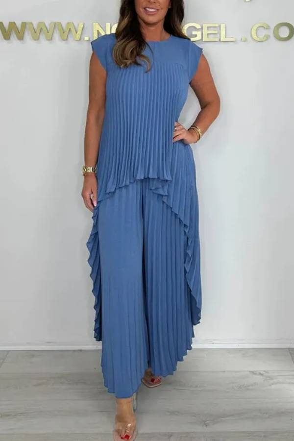 Round Neck Solid Sleeve Top Pleated Straight Pants Two-piece Set